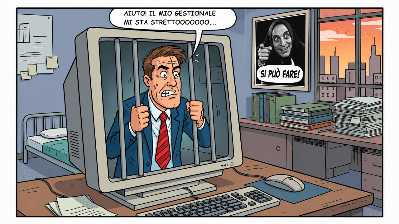 Illustrazione: imprenditore prigioniero dentro lo schermo del gestionale